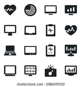 Set of vector isolated black icon - bomb in case vector, radar, notebook pc, statistic monitor, heart pulse, clipboard, tv, statistics