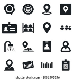 Set of vector isolated black icon - identity vector, shower, baggage larry, luggage storage, stamp, navigation, pin, barcode, place tag, card