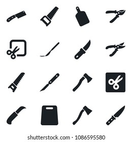 Set of vector isolated black icon - pruner vector, saw, garden knife, axe, scalpel, cut, cutting board