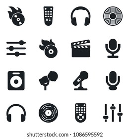 Set of vector isolated black icon - clapboard vector, vinyl, flame disk, microphone, remote control, headphones, speaker, tuning