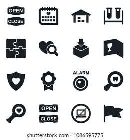Set of vector isolated black icon - no laptop vector, blood test vial, heart diagnostic, shield, medical calendar, package, search cargo, application, sertificate, warehouse, wine card, open close