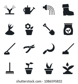 Set of vector isolated black icon - job vector, flower in pot, rake, seedling, watering can, sproute, pruner, boot, hoe, sickle, fertilizer, irrigation