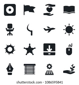 Set of vector isolated black icon - book vector, mouse, sun, sickle, heart hand, plane, rec button, download, ink pen, office chair, panel, jalousie, police, flag, palm sproute