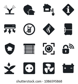 Set of vector isolated black icon - no mobile vector, home control, socket, fan, wireless lock, irrigation, air conditioner, smoke detector, jalousie, eye scan, protect, fridge, information, battery