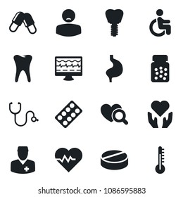Set of vector isolated black icon - heart pulse vector, monitor, stethoscope, diagnostic, pills, bottle, blister, disabled, hand, stomach, tooth, implant, doctor, patient, thermometer
