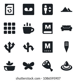 Set of vector isolated black icon - elevator vector, coffee, document reload, butterfly, plant label, route, menu, record, mountains, cushioned furniture, salad, ham, water