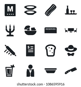 Set of vector isolated black icon - waiter vector, alcohol, menu, reserved, phyto bar, salad, plates, bacon, bread, candle, cafe table, dress code, restaurant receipt, bowl, rolling pin, knife