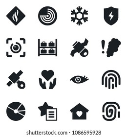 Set of vector isolated black icon - radar vector, luggage storage, heart hand, eye, satellite, favorites list, protect, id, fingerprint, pie graph, sweet home, snowflake, smoke detector