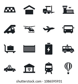 Set of vector isolated black icon - taxi vector, baggage trolley, airport bus, train, alarm car, fork loader, ladder, helicopter, building, ambulance, plane, cargo container, warehouse storage
