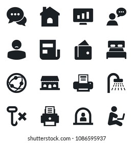 Set of vector isolated black icon - reception vector, shower, statistic monitor, house, patient, no hook, network, dialog, speaker, news, printer, bedroom, cafe building, wallet, man with notebook
