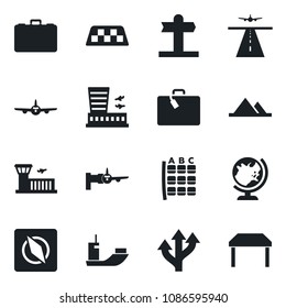 Set of vector isolated black icon - runway vector, taxi, suitcase, globe, plane, boarding, seat map, airport building, case, route, signpost, sea shipping, compass, mountains, table