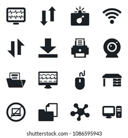 Set of vector isolated black icon - no laptop vector, bomb in case, mouse, desk, monitor pulse, folder document, share, data exchange, download, wireless, printer, web camera, pc