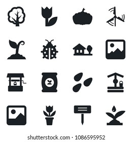 Set of vector isolated black icon - flower in pot vector, tree, sproute, lady bug, well, plant label, pumpkin, seeds, fertilizer, tulip, gallery, house with, windmill, irrigation