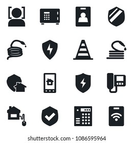 Set of vector isolated black icon - border cone vector, safe, hose, shield, protect, face id, identity card, home control, intercome, app, combination lock, pass