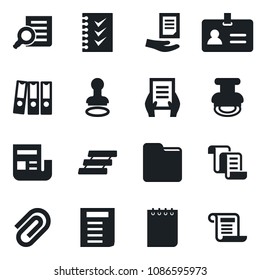 Set of vector isolated black icon - identity vector, stamp, contract, document search, notepad, folder, paper clip, news, checklist, binder, tray