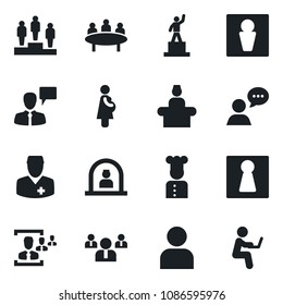 Set of vector isolated black icon - male vector, female, reception, speaking man, pedestal, team, meeting, doctor, pregnancy, speaker, user, hr, cook, with notebook