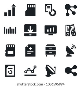 Set of vector isolated black icon - growth statistic vector, office binder, monitor, document reload, diagnosis, barcode, satellite antenna, sd, download, point graph, archive box, social media