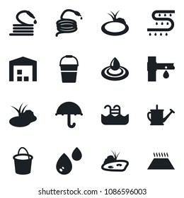 Set of vector isolated black icon - watering can vector, bucket, hose, pond, drip irrigation, umbrella, pool, warehouse, water, warm floor
