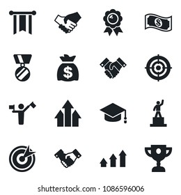 Set of vector isolated black icon - dispatcher vector, handshake, pedestal, medal, graduate, money bag, target, arrow up graph, pennon, cash, award cup