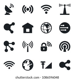 Set of vector isolated black icon - antenna vector, satellite, share, network, wireless, cellular signal, smart home, lock, earth, social media