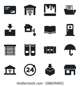 Set of vector isolated black icon - 24 around vector, automatic door, medical room, book, umbrella, package, mail, scanner, document folder, home control, jalousie, garage gate, storefront