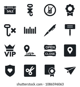Set of vector isolated black icon - no mobile vector, vip, plant label, heart shield, navigation, hook, barcode, cut, place tag, sertificate, pen, sale, open close, paper plane