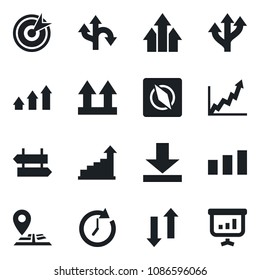 Set of vector isolated black icon - signpost vector, growth statistic, route, navigation, up side sign, sorting, data exchange, download, compass, target, arrow graph, clock, presentation