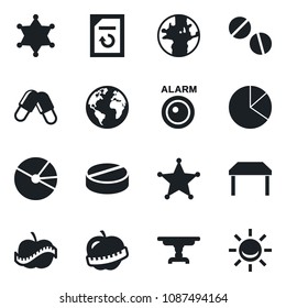 Set of vector isolated black icon - document reload vector, pills, diet, earth, pie graph, table, police, alarm led
