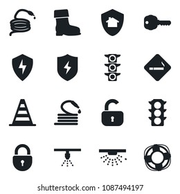 Set of vector isolated black icon - smoking place vector, border cone, lock, boot, hose, traffic light, protect, key, home, sprinkler, crisis management