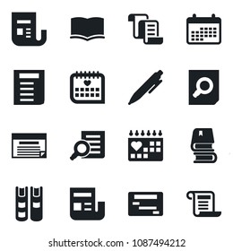 Set of vector isolated black icon - contract vector, book, document search, pen, medical calendar, news, schedule
