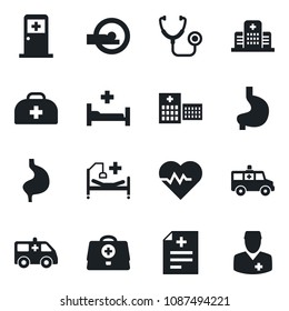 Set of vector isolated black icon - medical room vector, heart pulse, doctor case, diagnosis, stethoscope, tomography, ambulance car, hospital bed, stomach