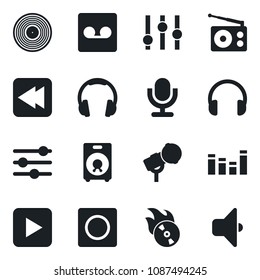 Set of vector isolated black icon - vinyl vector, flame disk, microphone, radio, settings, equalizer, headphones, speaker, play button, rewind, tuning, record, sound