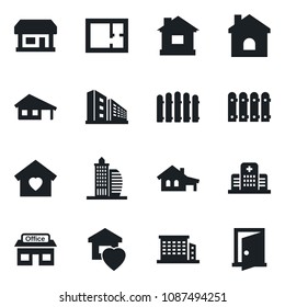 Set of vector isolated black icon - fence vector, house, hospital, store, with garage, plan, office building, sweet home, door