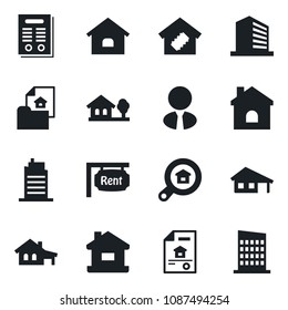 Set of vector isolated black icon - office building vector, house, contract, with garage, tree, estate document, rent, search, agent, smart home, city
