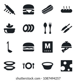 Set of vector isolated black icon - spoon and fork vector, cafe, menu, salad, plates, bacon, waiter, bread, kebab, hamburger, ladle, bowl, rolling pin, cheese
