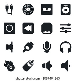 Set of vector isolated black icon - vinyl vector, flame disk, speaker, microphone, headphones, rewind, rca, hdmi, tuning, record, sound