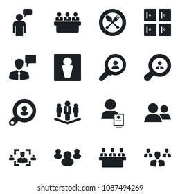 Set of vector isolated black icon - spoon and fork vector, male, checkroom, speaking man, meeting, patient, group, hr, company, client search, consumer