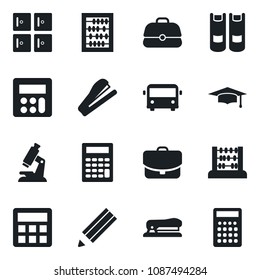 Set of vector isolated black icon - airport bus vector, checkroom, book, graduate, abacus, microscope, calculator, pencil, stapler, case