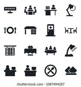 Set of vector isolated black icon - cafe vector, flight table, medical room, desk, meeting, manager place, lamp, restaurant, reserved, serviette