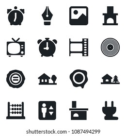 Set of vector isolated black icon - elevator vector, alarm clock, tv, stamp, fireplace, film frame, vinyl, gallery, abacus, ink pen, house with tree, power plug