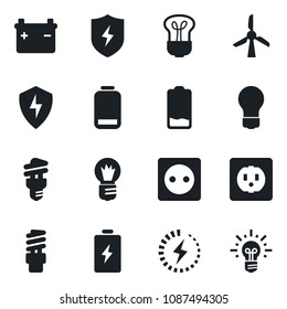 Set of vector isolated black icon - bulb vector, low battery, protect, charge, socket, energy saving, windmill, idea