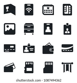 Set of vector isolated black icon - credit card vector, identity, medical calendar, gallery, sd, sim, archive box, wine, pass, wallet, pennon