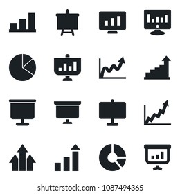 Set of vector isolated black icon - growth statistic vector, presentation board, monitor, circle chart, bar graph, pie, arrow up