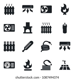 Set of vector isolated black icon - fire vector, hose, fireplace, thermometer, heater, air conditioner, candle, radiator, warm floor