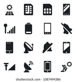 Set of vector isolated black icon - mobile phone vector, satellite antenna, cell, low battery, sim, mute, cellular signal, sun panel