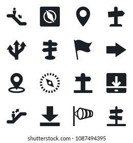 Set of vector isolated black icon - escalator vector, right arrow, wind, route, signpost, pin, download, place tag, compass, flag, guidepost