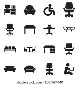 Set of vector isolated black icon - cafe vector, waiting area, disabled, office chair, desk, picnic table, cushioned furniture, restaurant, man with notebook