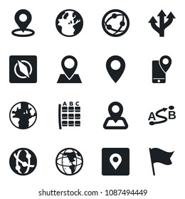 Set of vector isolated black icon - seat map vector, route, navigation, earth, pin, mobile tracking, network, place tag, compass, flag