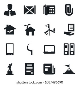 Set of vector isolated black icon - pedestal vector, office binder, document, sickle, client, container, news, mobile, paper clip, phone, notebook pc, contract, windmill, eco house, motivation