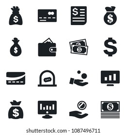 Set of vector isolated black icon - credit card vector, ticket office, dollar sign, money bag, statistic monitor, cash, receipt, wallet, investment